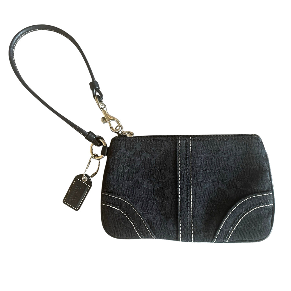 COACH Small Black Signature Monogram Canvas White Stitch Zip Wristlet + Hang Tag